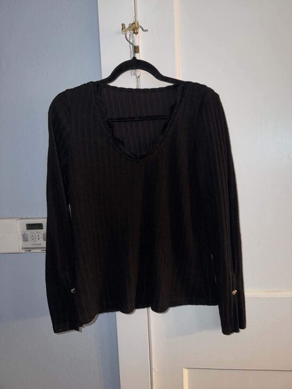 Black Ribbed Long Sleeve Top with Heart Buttons and Scalloped Neckline